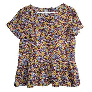 Floral Top Blouse Sz S Small Peplum Ruffle Multicolor short Sleeve
